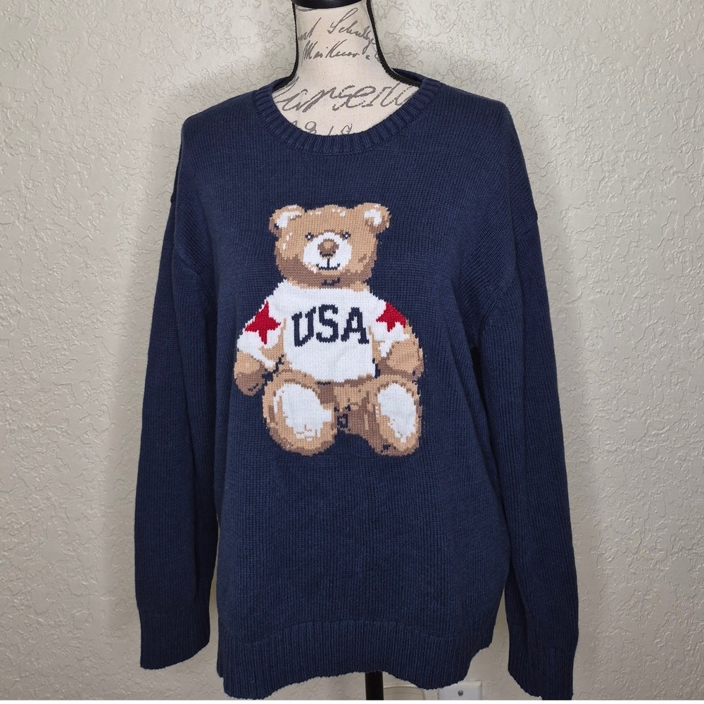 Mighty Fine Navy USA Teddy Bear Intarsia Knit Sweater XXL